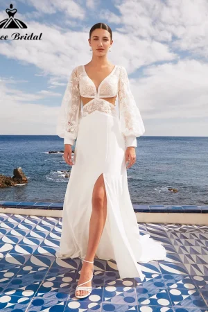 Elegant Lace Lantern Sleeve Wedding Dress Satin Split vestido de novia boda Backless Hollow Out Customized Bohemian Beach 2026