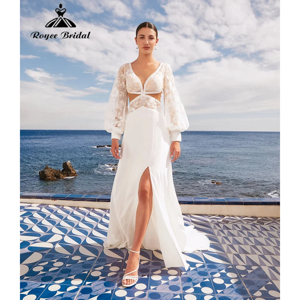 Elegant Lace Lantern Sleeve Wedding Dress Satin Split vestido de novia boda Backless Hollow Out Customized Bohemian Beach 2026