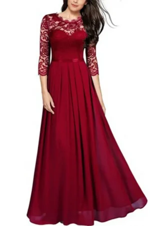 New European and American Long Women's Explosion Style Hollow Lace Chiffon Splicing Elegant Temperament Big Swing Dress