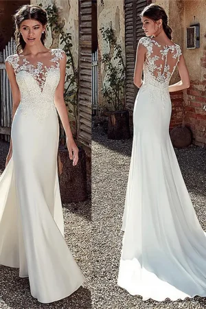 Customized Scoop Short Sleeve Lace Appliques Mermaid Wedding Dresses Natural Slim Buttons Back Women Bride Gown Illusion Vestido