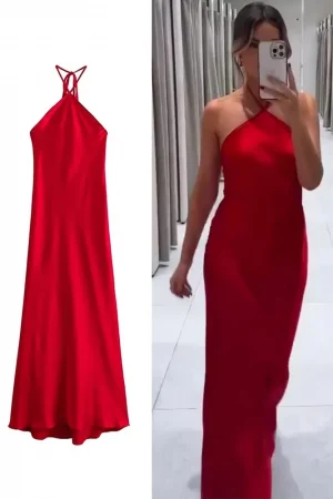 2024 Halter Long Dresses for Women Backless Satin Dress Woman Off Shoulder Sexy Midi Dresses Elegant Evening Party Dress