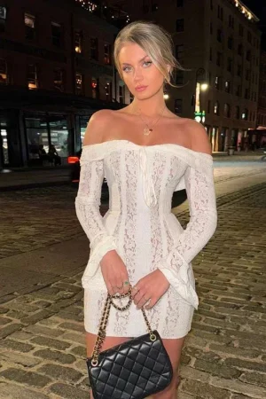 Oligai Lace Slim Mini Dress for Women Off The Shoulder Sexy Long Sleeves Club Party Dresses Bodycon Elegant Autumn Dress