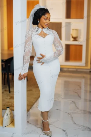 Lace Pearls Wedding Dresses for Bride 2025 O-Neck Full Sleeve Button Ankle Length Ivory Civil Africa Bridal Gowns Customized