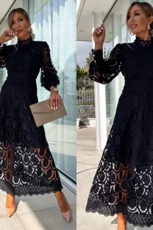 Spring French Lace Standing Neck Bubble Sleeves Wrapped Waist for Slimming Dress, Elegant Party Birthday Long Dress