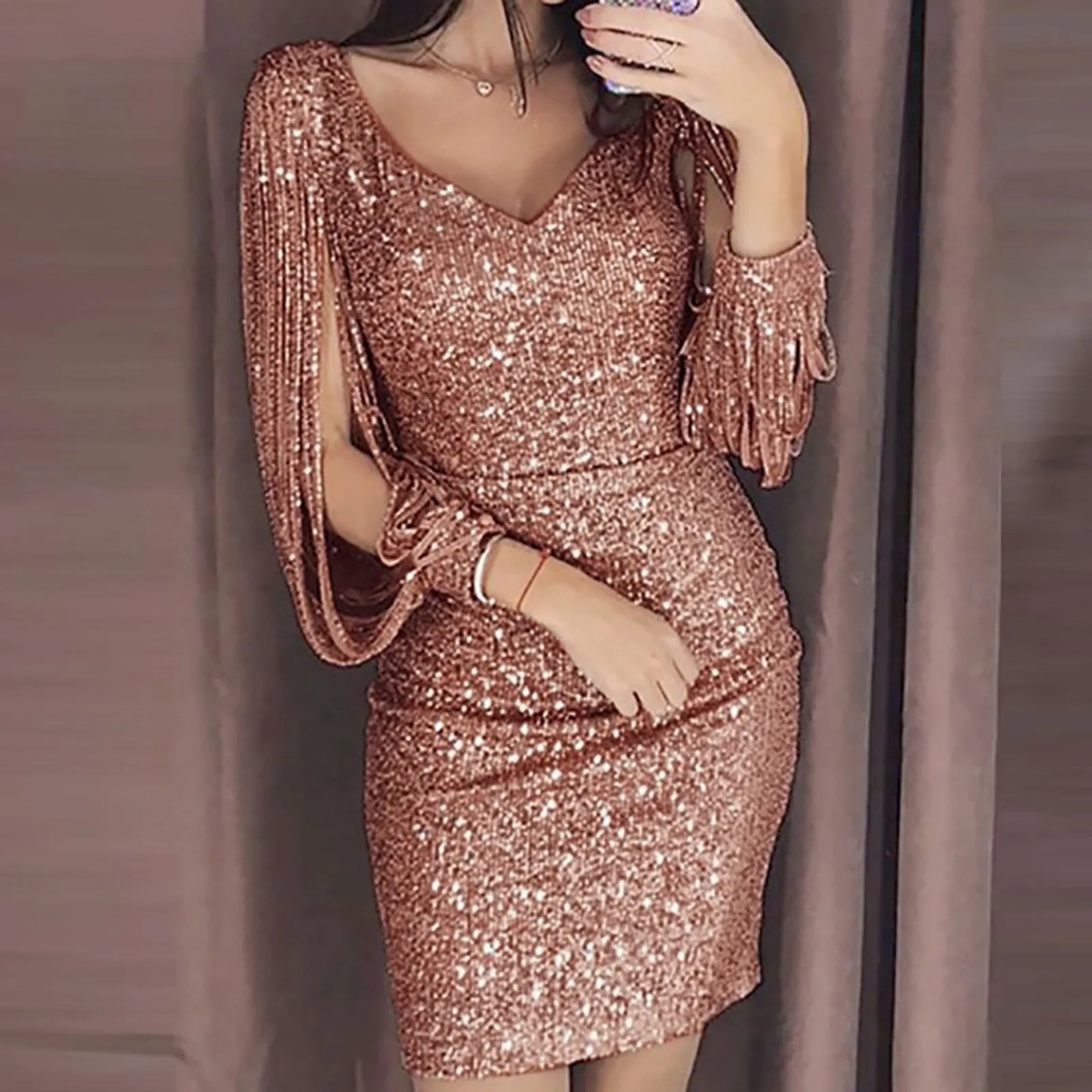 Dresses For Wedding Guest Kids Women Long Shining Mini Sequined Sleeved Stitching Solid Sexy Dress Club платье женское летнее - Image 2
