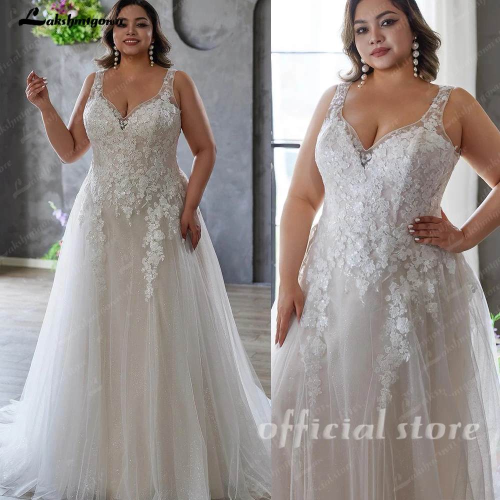 Lakshmigown Plus Size V-neck Wedding Dresses For Woman Bride Illusion Back A-line Tulle Appliques Bridal Gown Customized