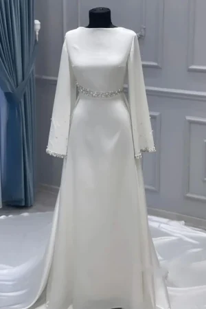 Ciynsia Customized Elegant Long Sleeve Muslim Wedding Dress 2025 Bride Beaded Pearls Ivory Bridal Gowns High Neck Robe De Mariée