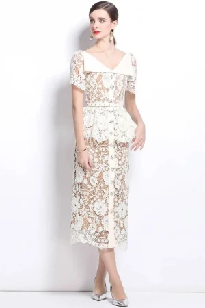 Quality Summer Beaded Diamonds Embroidery Beige White Lace Evening Dress Women Short Sleeve Ruffle Peplum Midi Prom Dresses Long