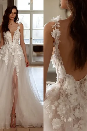 Customized Elegant And Minimalist A-Line Sheer 3D Floral Women's White Wedding Dress With V-Neck Slit Backless Sexy Bridal Gown