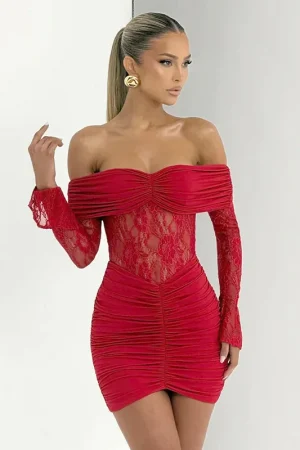 Autumn Winter Lace See Through Y2K Sexy Strapless Women's Mini Dress Outfits Bodycon Ruched Long Sleeve Party Club Dresses Gift