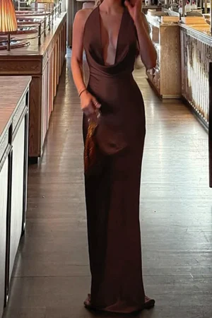 Women High Waist Lace Up Wrap Hips Dresses Sexy Low Cut Solid Satin Evening Dress Fashion Backless Sleeveless Slim Banquet Dress